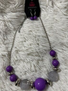 paparazzi Purple and Silver Beaded Necklace with Matching Earrings